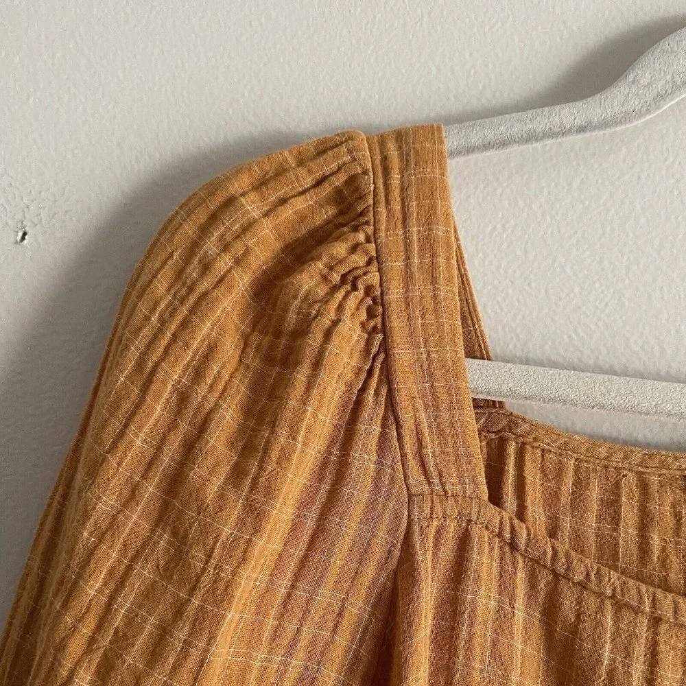 Madewell Women XS Gold Windowpane Lightspun Millbrook Puff-Sleeve Peplum Top - Picture 6 of 9